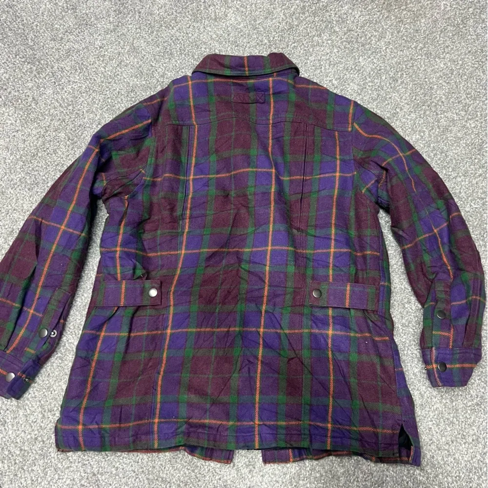 Duluth Trading Jacket Womens Medium Purple Plaid Flannel Shacket Lined Snap Down